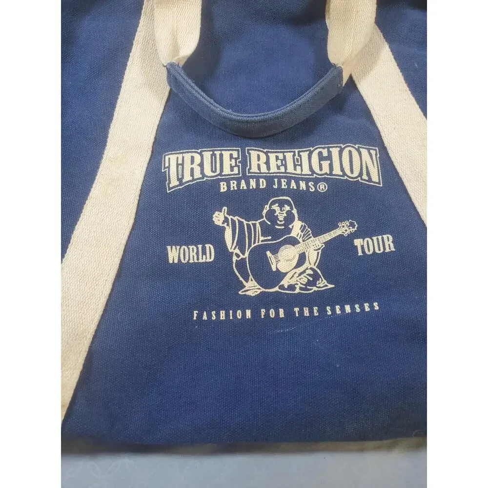 True Religion Canvas Duffle Bag Blue Cream World Tour Buddha Travel Gym Y2K